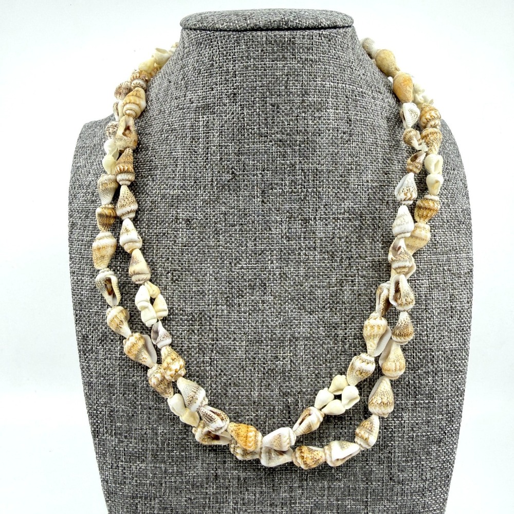 Natural Sea Shell Beaded Strand Necklace Boho Beachy Coastal Festival Layering